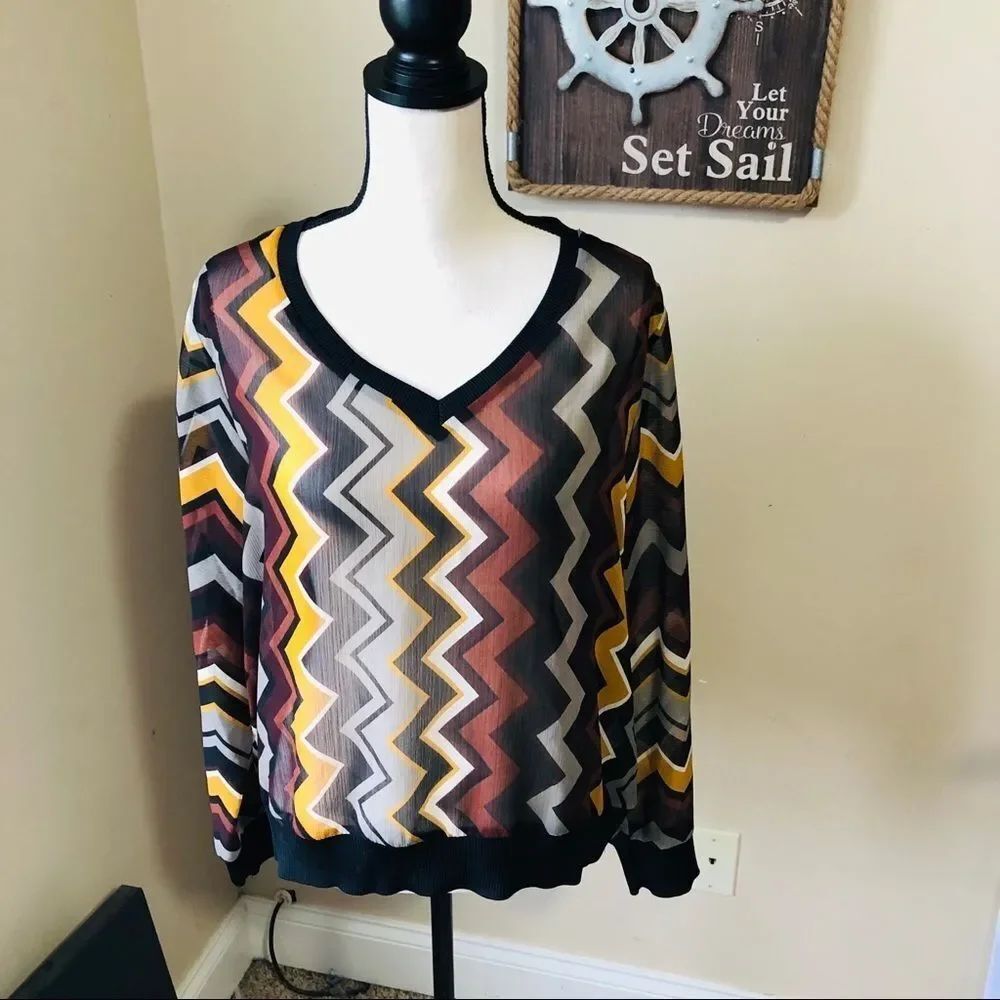 Missoni for Target Zigzag V-Neck Sheer Knit Top in Mustard, Rust, Black